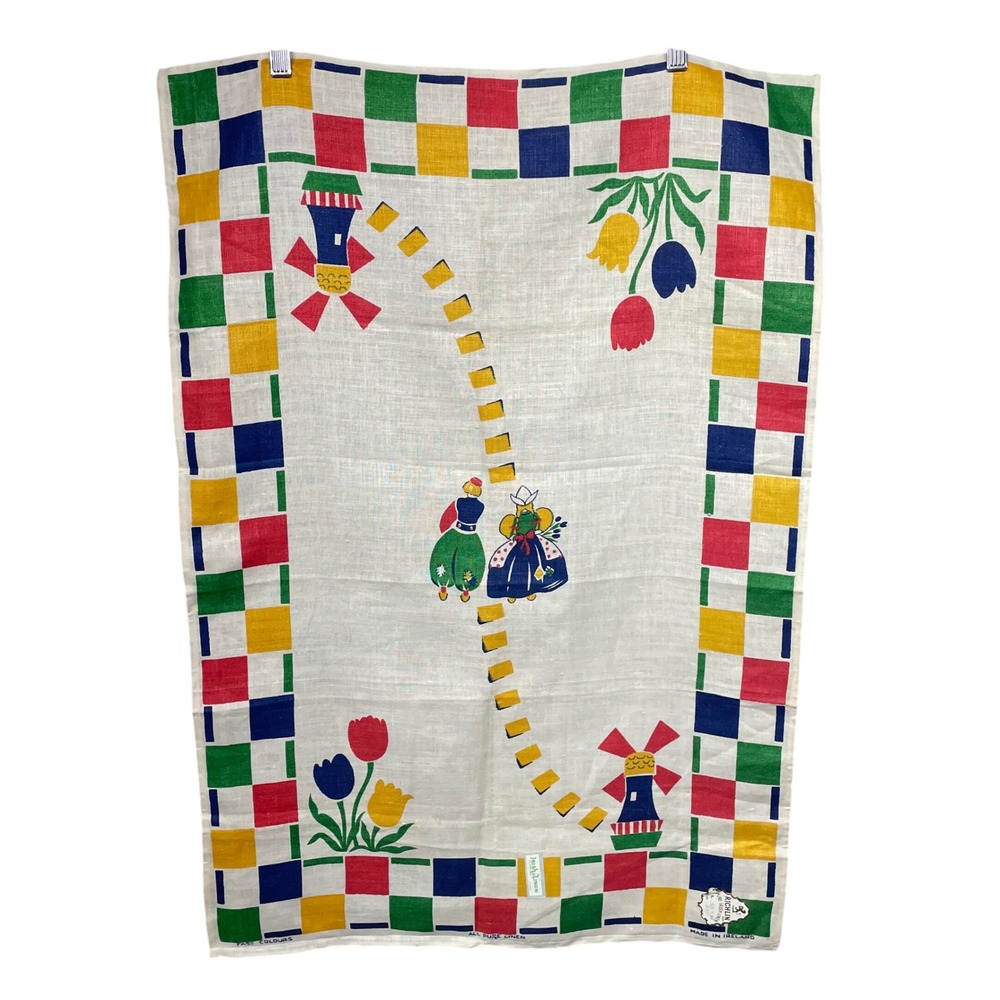 Vintage Richlin Irish Linen Tea Towel 22x32 Dutch Windmill Tulips Multi Folk Art